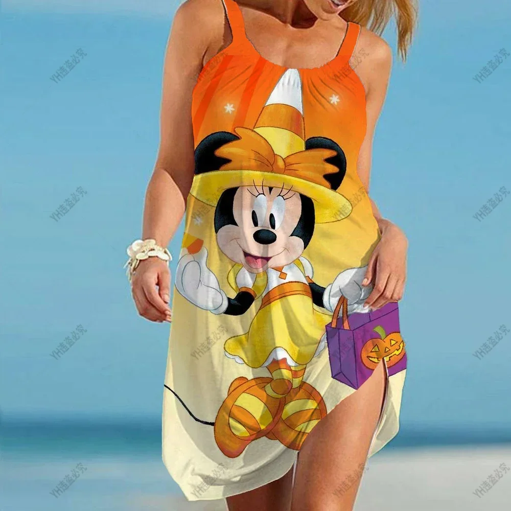 Disney Minnie Mickey Girls Dresses Summer European and American New Style Women\'s Printed Skirts Sleeveless Sling Pleated Dress