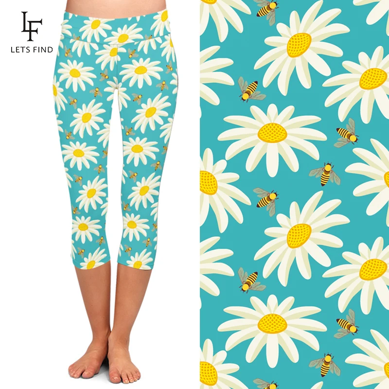 Summer Simple Design Women Capri Leggings Seamless 3D Flowers Print High Waist Elastic  Mid-Calf 3/4 Stretch Girl Pants