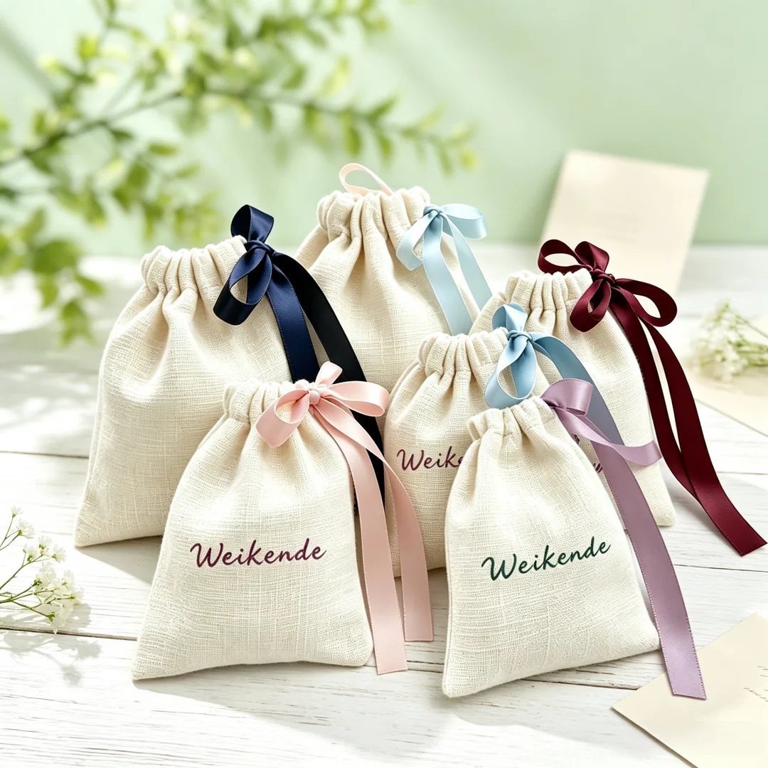 50Pcs Custom Logo Beige Bamboo Cotton Burlap Canvas Gift Pouches Jewelry Organizer Bags for Necklaces Earrings Rings&Small Items