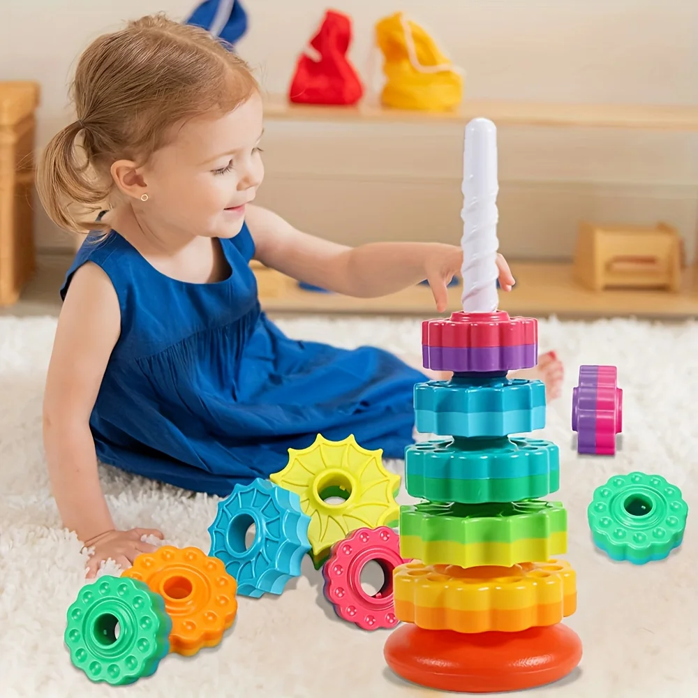 Tour arc-en-ciel rotative, jouet de Puzzle avec 6 niveaux rotatifs colorés, jouet d'apprentissage pour tout-petits, blocs en plastique durables