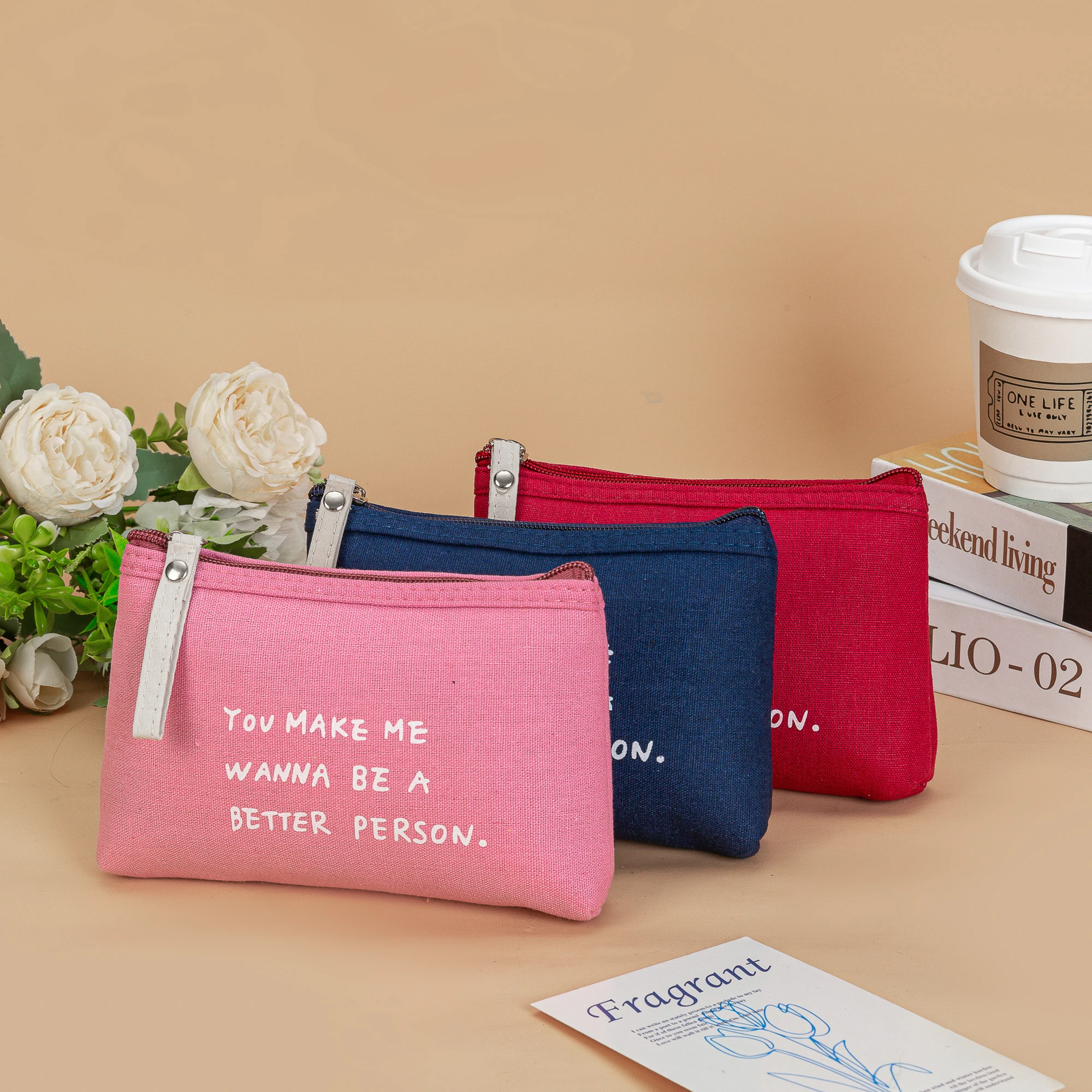 Three piece multifunctional fashionable canvas letter makeup bag Fabric Zipper Handbag Modern minimalist style change phone bag