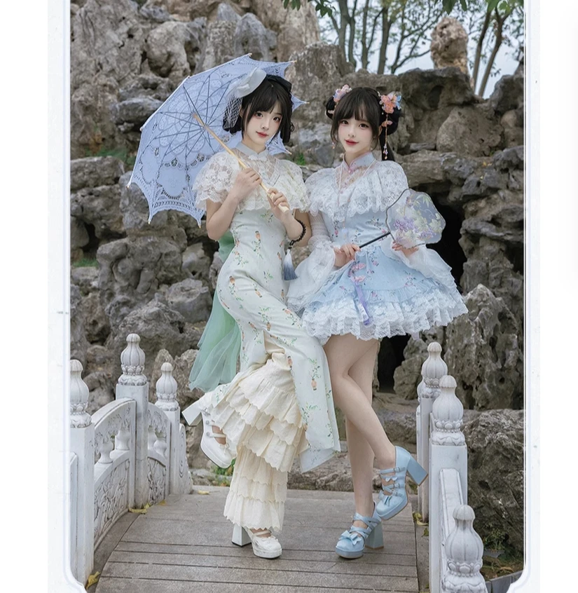 Origineel ontwerp voor meisjes met Chinese stijl bedrukte verbeterde lange cheongsam OP cheongsam broek dubbele stijl jurk