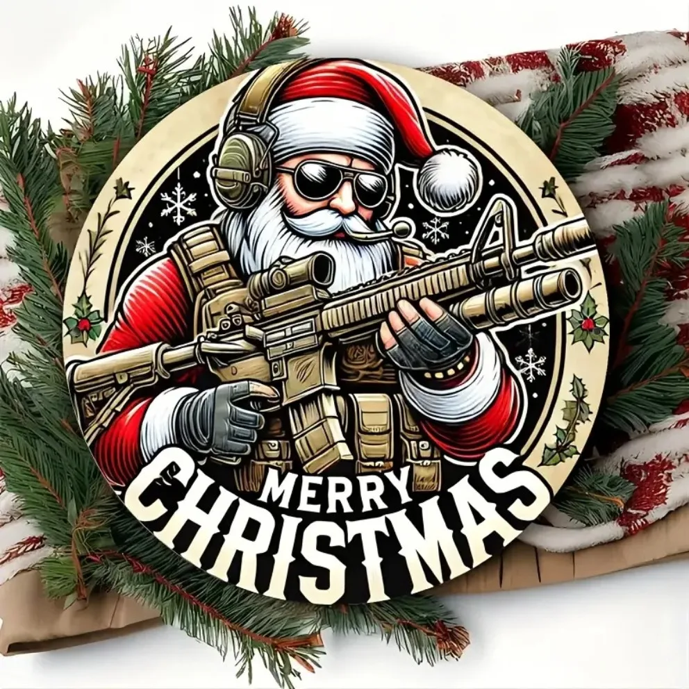 التكتيكية سانتا علامة معدنية تنقش الجندي سانتا مع بندقية قناص وديكور المنزل عيد الميلاد ، موضوع عسكري عطلة الطرف #4