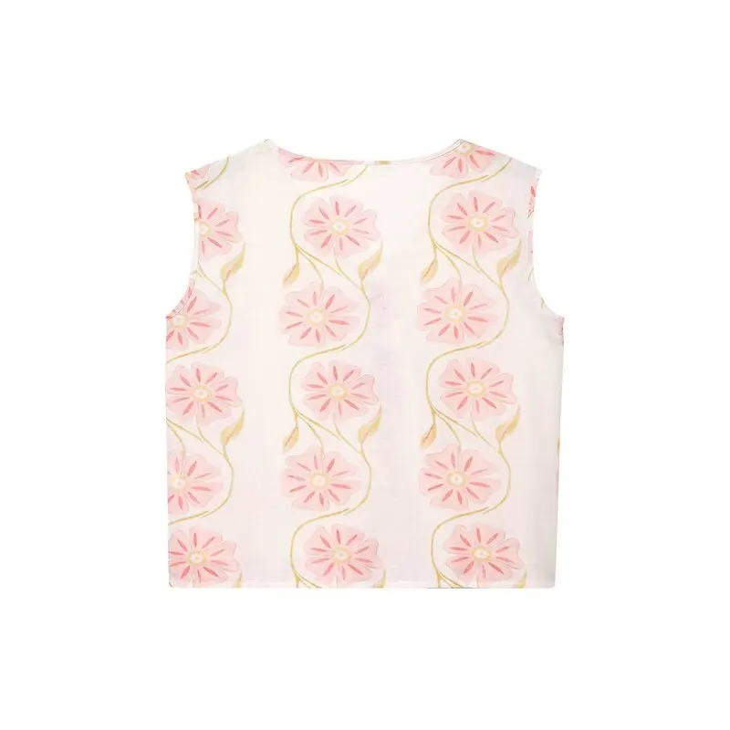 Letni zestaw damski 2025: nowa moda, lniany top z nadrukiem, zapinany na guziki, dekolt w serek, dopasowany krój, spódnica do połowy uda, odpowiedni dla kobiet w wieku 25-35 lat.