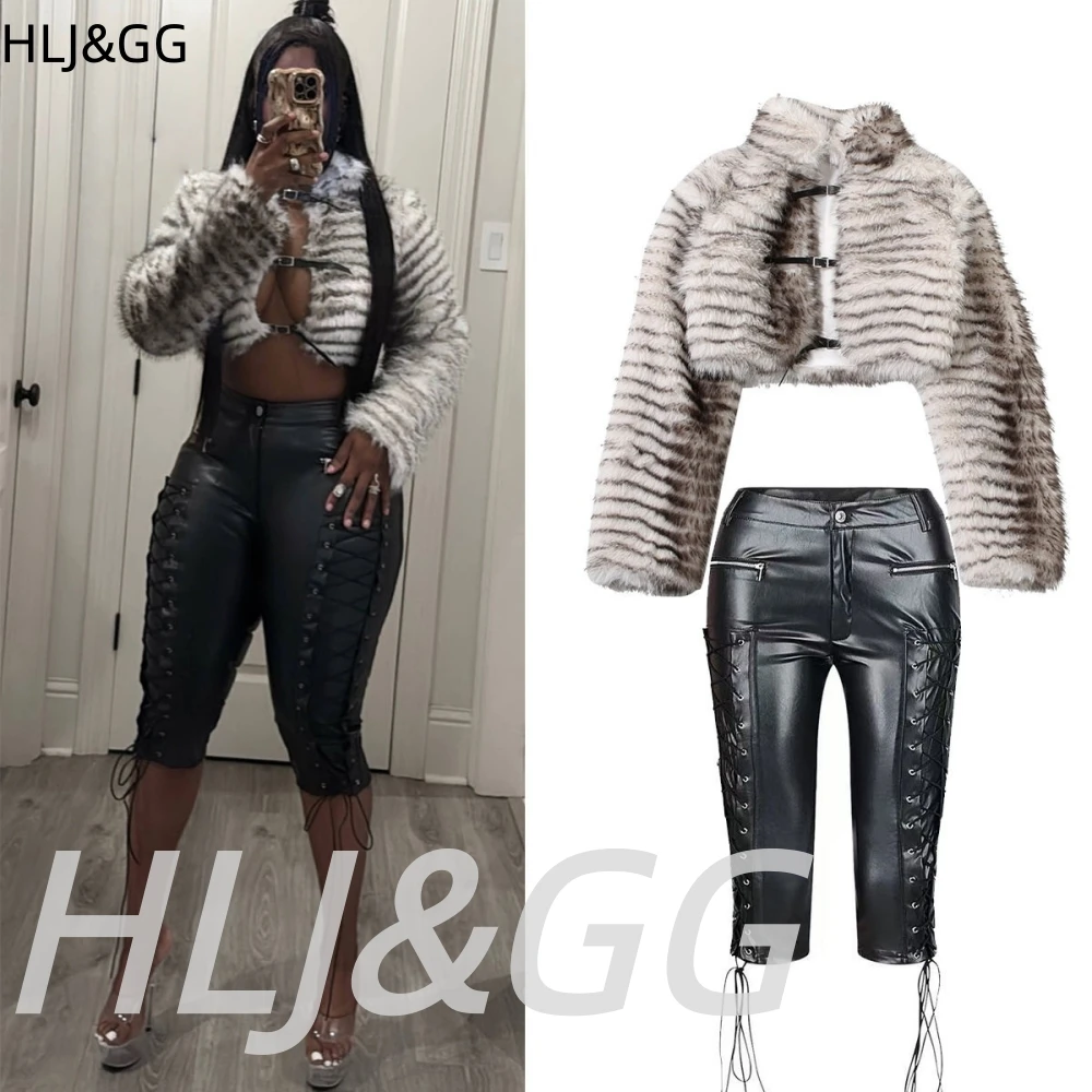 

HLJ&GG Fashion Fur Hollow Crop Coats Two Piece Sets Women Long Sleeve Top+Leather Side Bandage Shorts Outfits Female Streetwear
