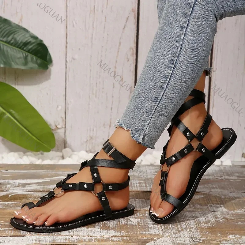 Summer Shoes Plus Size Clip Toe Women's Sandals Casual Women Rivet Buckle Strap Sandales Femmes Flat Ankle-wrap Shoes for Women image 3