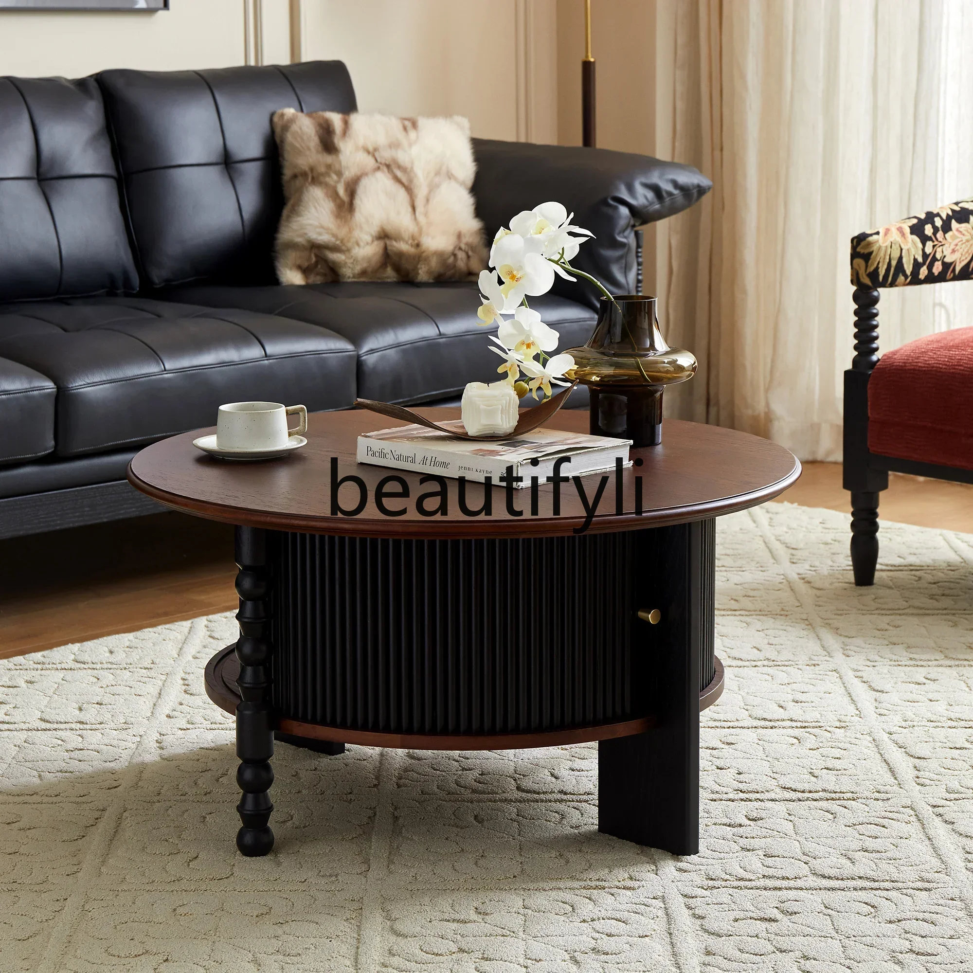 

ls 42French retro solid wood coffee table round tea table combination medium and ancient style tea table