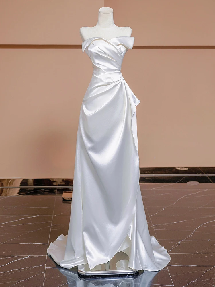

Ele Satin Fi Tail Bridal Gown with Strap Bal Long Dr for Wedding Hotel Indoor Ocn mid Waist Construction