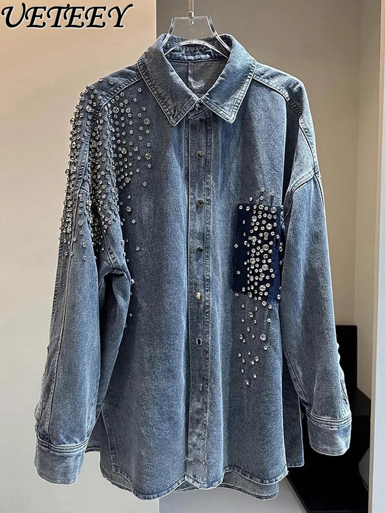 High Street Heavy Industry Rhinestone Blue Denim Jacket Shirt Loose Casual Jean Jacket 2024 Spring Autumn New Women\'s Clothing