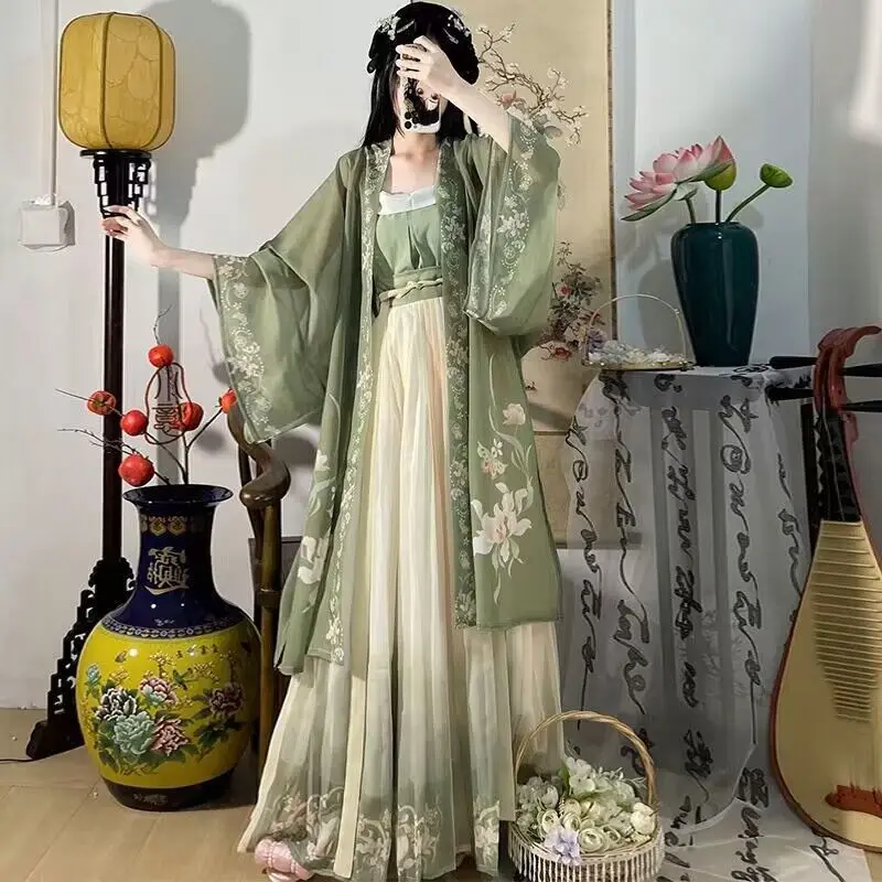 Hanfu-traje tradicional chino para mujer, traje de Cosplay de la antigua dinastía Song, vestido Hanfu de primavera y verano, conjuntos verdes de 3 piezas, talla grande XL