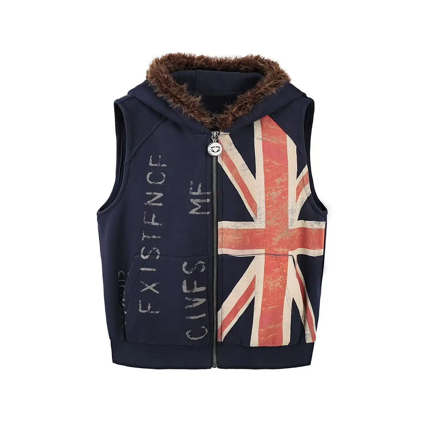 Retro hip hop British flag print hooded sleeveless jacket womens summer fur collar harajuku zipper winter coat women clothing