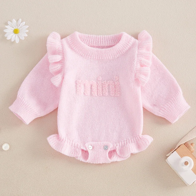 

Baby Girl Ruffled Knit Romper Letter Embroidery Long Sleeve Crew Neck Bodysuit Newborn Autumn Winter Sweater Romper Jumpsuit