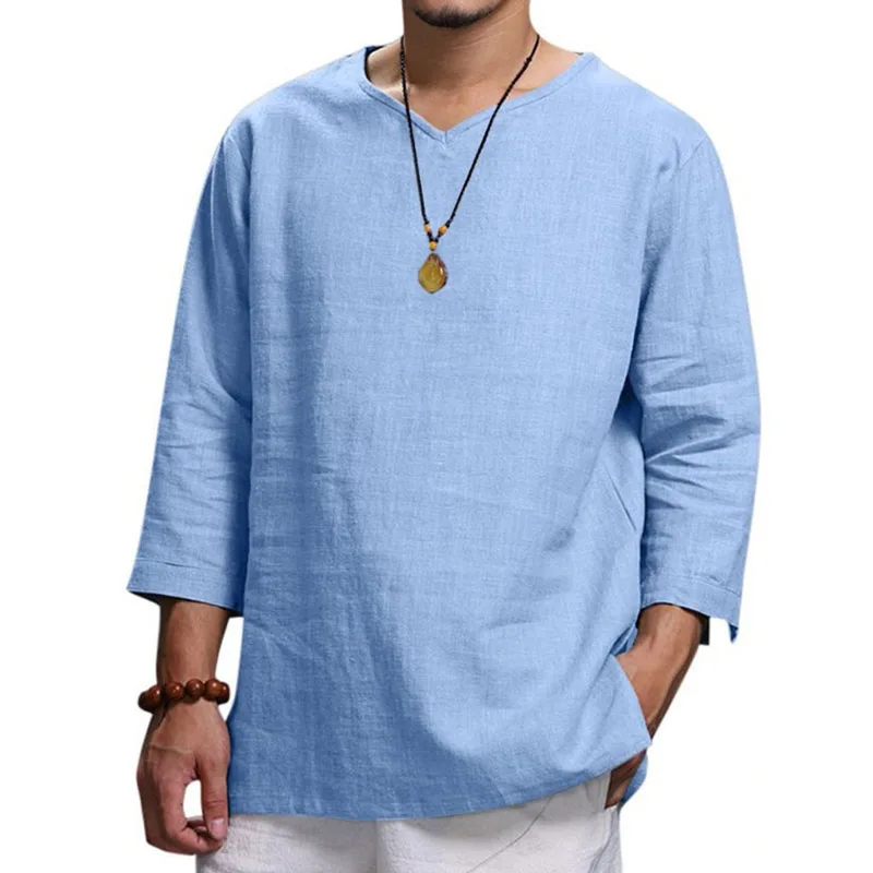 Summer New Trend Casual Beach Top Men\'s Long Sleeve V-Neck Cotton Hemp Loose Casual Tide Men\'s Shirt