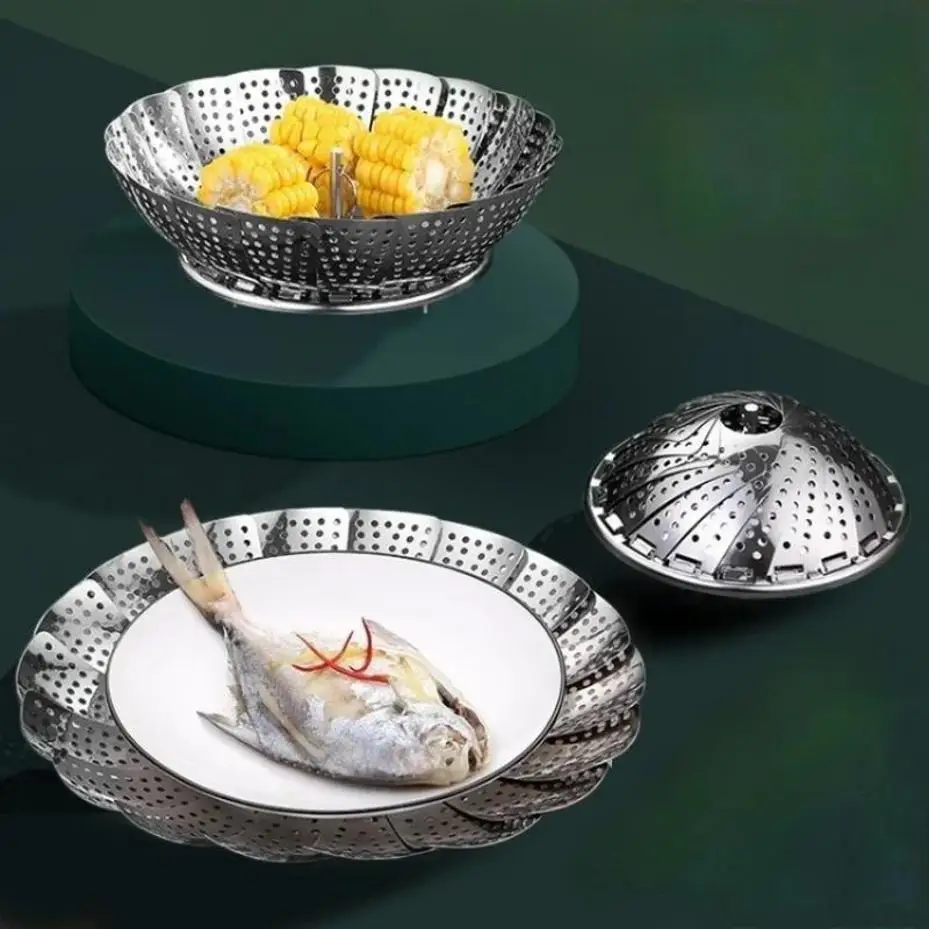 Household Stainless Steel Steamer Portable Folding Retractable Vegetable Steaming Plate Fruit Drippin Plate Mantou Steamer Frame