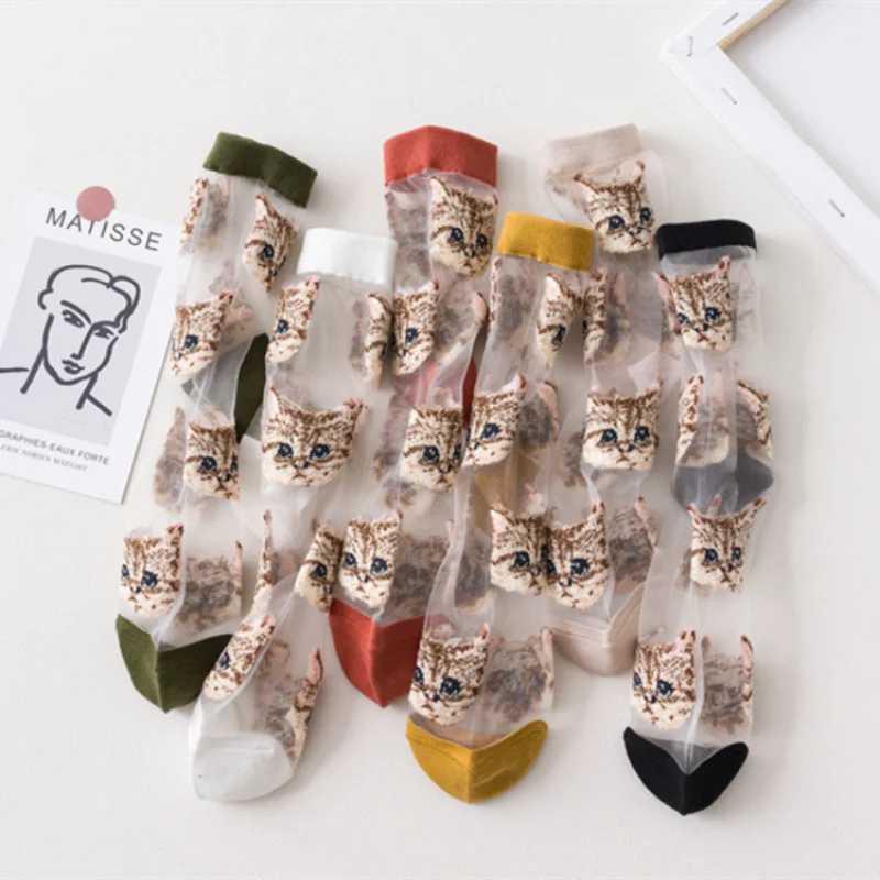 Meias de seda de cristal bordadas dos desenhos animados mulheres verão ultra-fino transparente náilon meias longas japonês kawaii bonito meias femininas sox