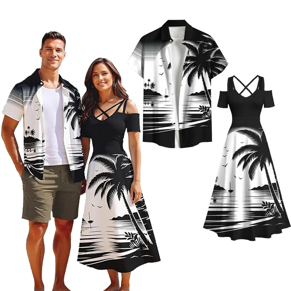 

Рубашка с принтом гавайских кокосовых пальм или платье миди с открытыми плечами для пар ROSEGAL, подходящее для одного или обоих партнеров