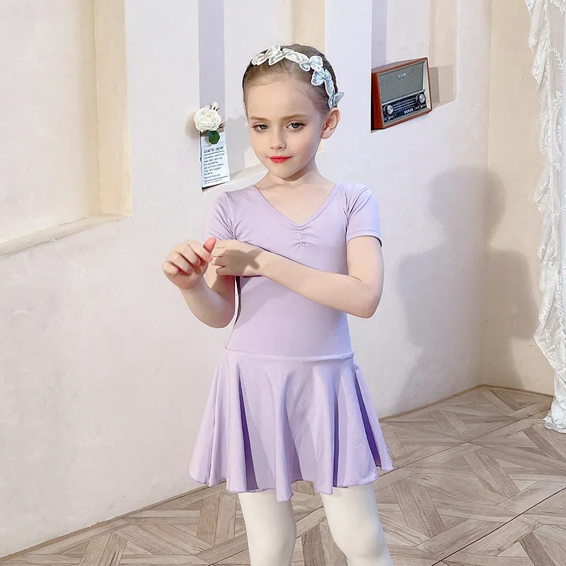 Children's dance uniform summer short sleeved purple girl's training uniform with concealed buckle opening, children's grading p