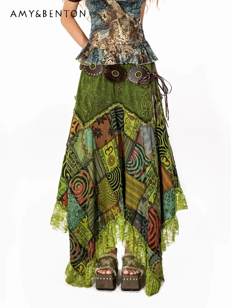 

2025 New American Wandering Vintage Splicing Irregular Hem A Line Hollow Frilly Skirt For Women