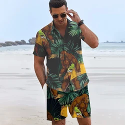 Summer Beach Style Men's Shirt Set Oversized Hawaiian Casual Suit Funny Caveman 3D Printed Holiday Short Sleeve Shirt Shorts Set