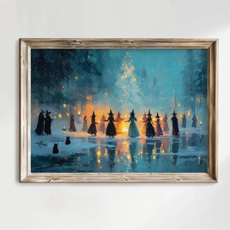 Mystic Winter Witch Gathering Canvas Wall Art Vintage Ice Lake Bonfire Scene Dark Magical Home Wall Print Unframed Canvas Poster