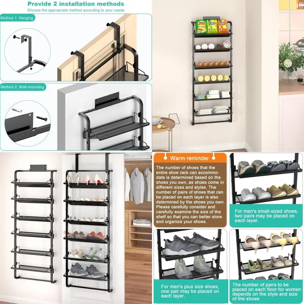 

6-ярусная регулируемая металлическая полка для обуви - крепление на дверь или стену, усиленная конструкция, черная