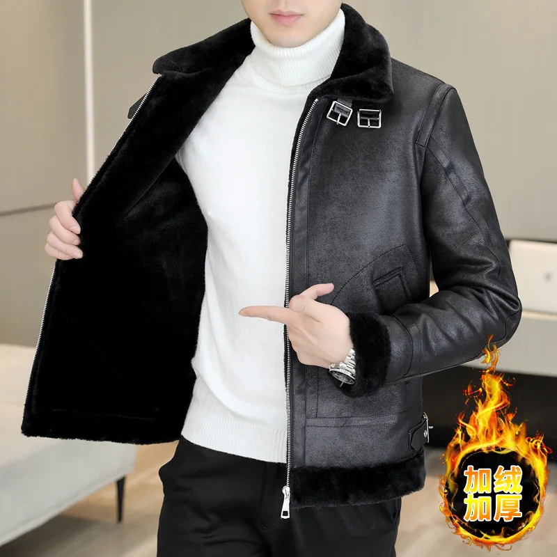 Winter Fur Leather Jacket Men Fashion Plus Velvet Padded Warm Motorcycle Jacket Casual Business Social PU Overcoat Men Clothing