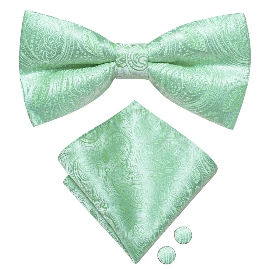 Hi-Tie Sage Mint Grass Teal Green Silk Mens Bow Tie Hanky Cufflinks Set Pre-tied Butterfly Knot Bowtie for Male Wedding Business