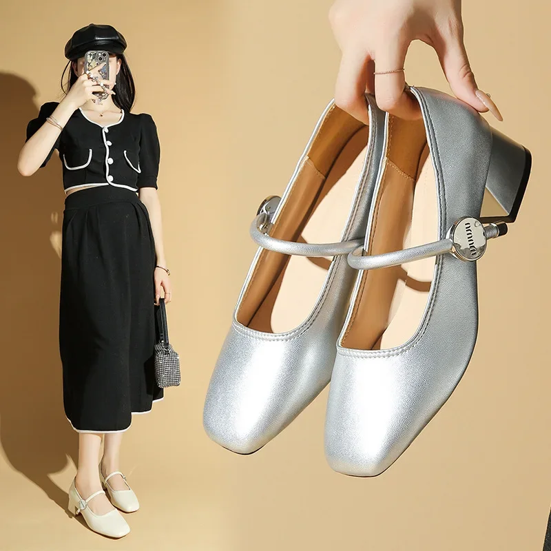 New Autumn Square Toe High Heels Shoes Women One Button Thick Heels Small Leather High Heels Platform Shoes
