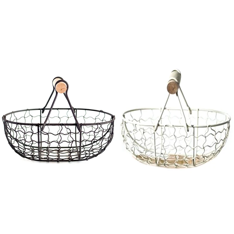 Keranjang penyimpanan praktis, bahan makanan telur buah sayuran Retro logam pegangan kayu putih & hitam 2 buah