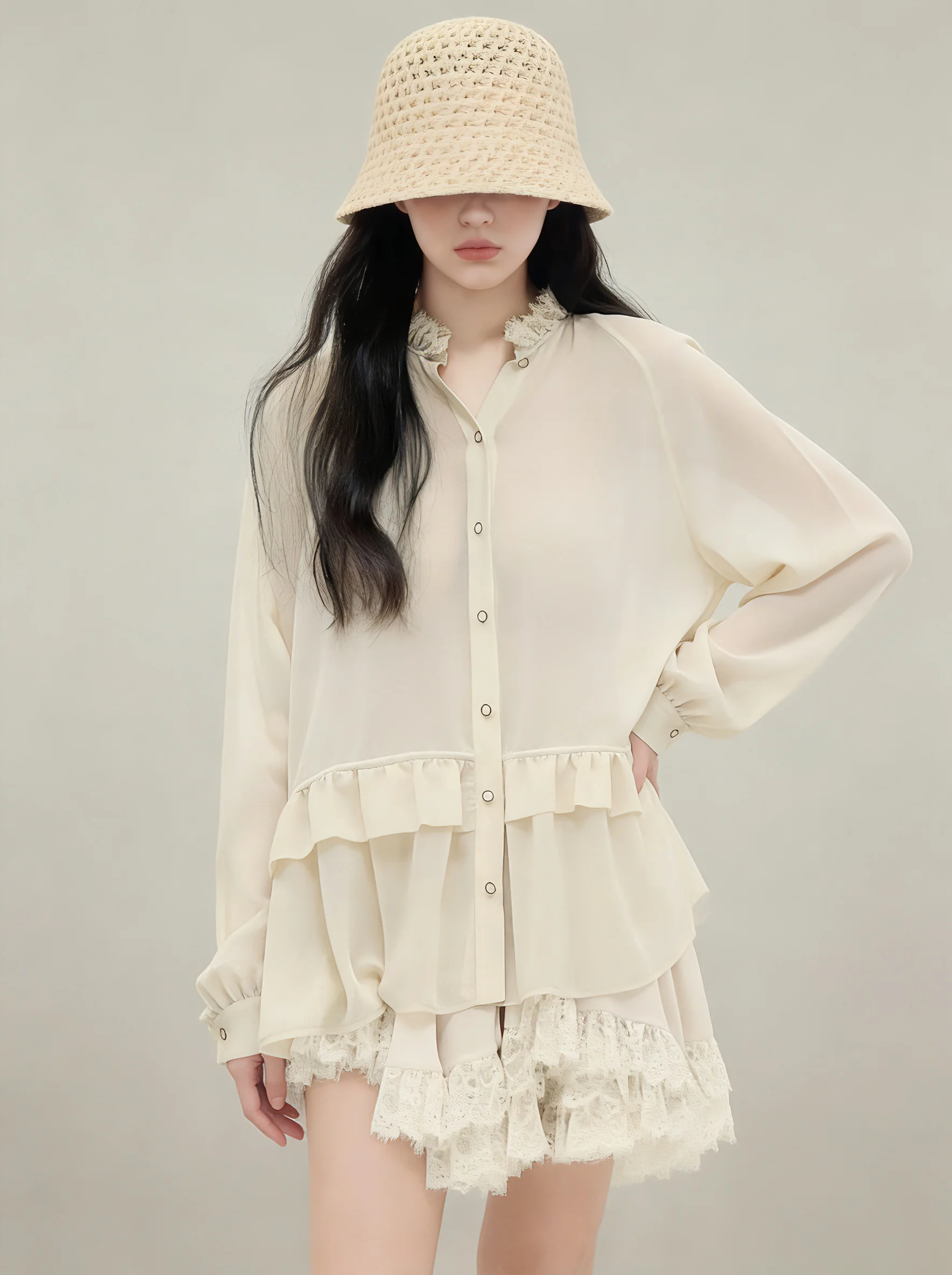 

Chic Ivory Lace Trim Blouse And Skirt Set Women's Fashion Spring Collection High Waist Flattering for Pear Shaped Body
