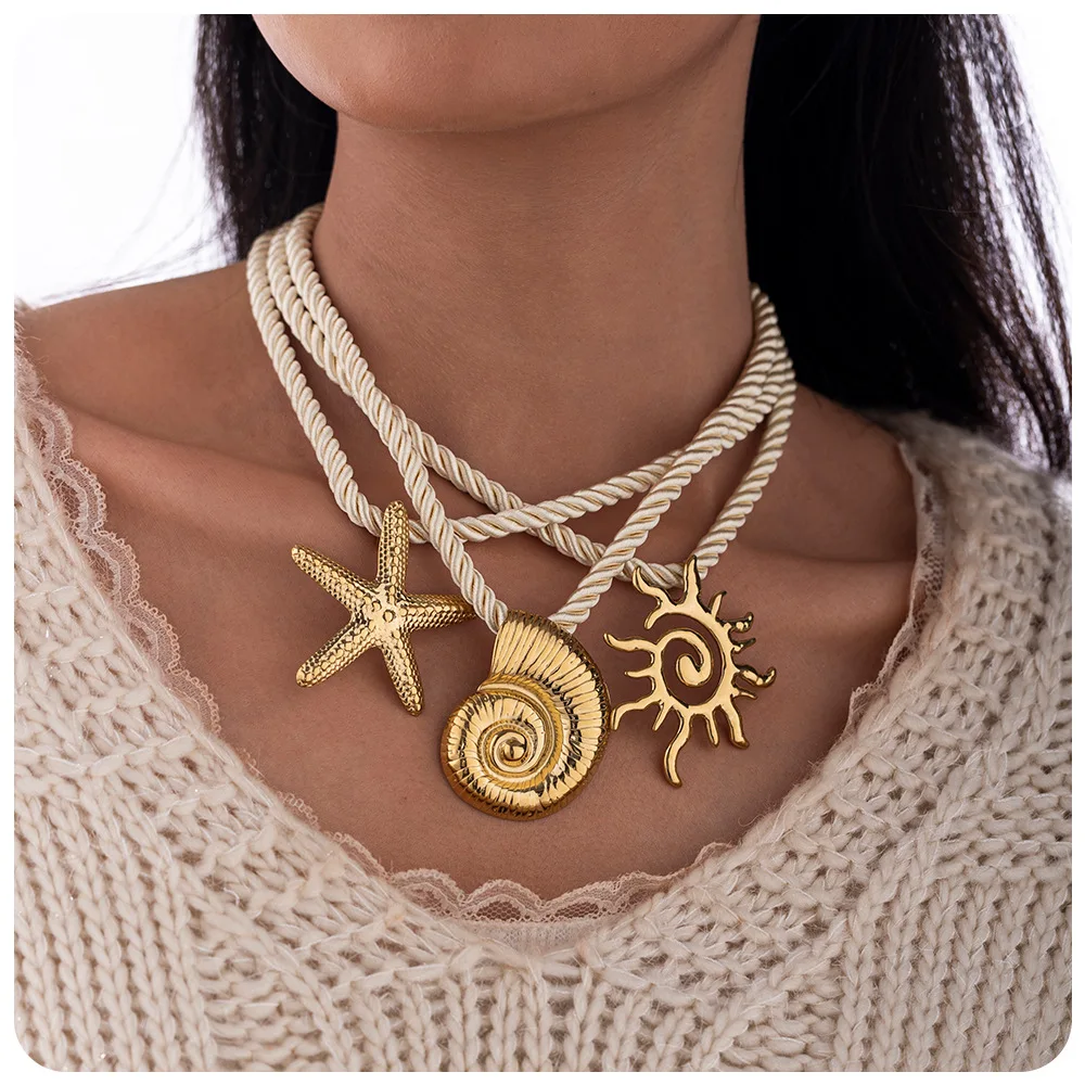 Collar de Estrella de Mar y Concha Dorados, Resistentes al Agua y que no se Desvanecen, con Cadena de Cordón Blanco Trenzado Hipoalergénico, Joyería de Playa para Mujer
