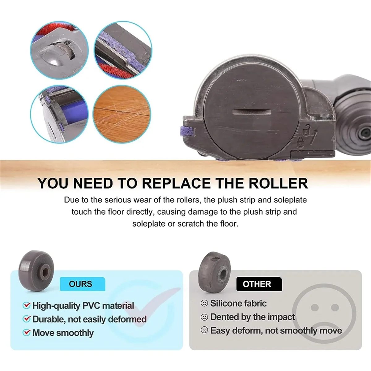 8 peças de substituição de rodas de placa para dyson v6 v7 v8 v10 v11 v15 dc58 dc59 dc62 peças de rolos de cabeça de limpeza de acionamento direto