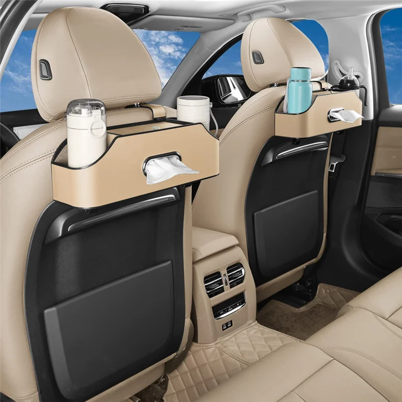 X59A_Car Organizador do banco traseiro do encosto de cabeça com 2 porta-copos, suportes para celular, ganchos e acessórios para caixa de tecido - bege