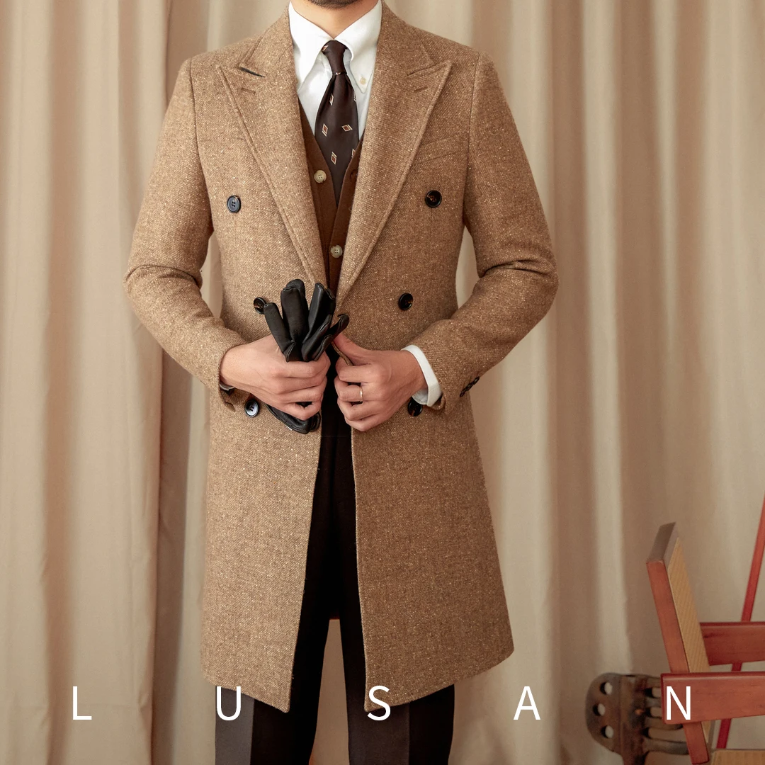 Fall/Winter 97% Wool + Mulberry Silk Color Point Old Money Wind Long Coat Warm Double-breasted Coat Men