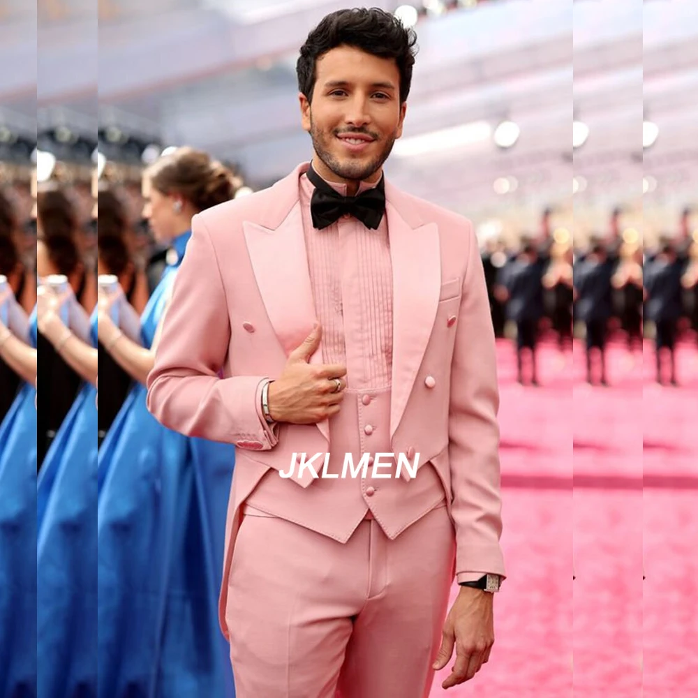 Tuxedo Pink Men Suits Blazer Terno Double Breasted Peaked Lapel Long Jacket Wedidng Full Set 3 Piece Jacket Pants Vest