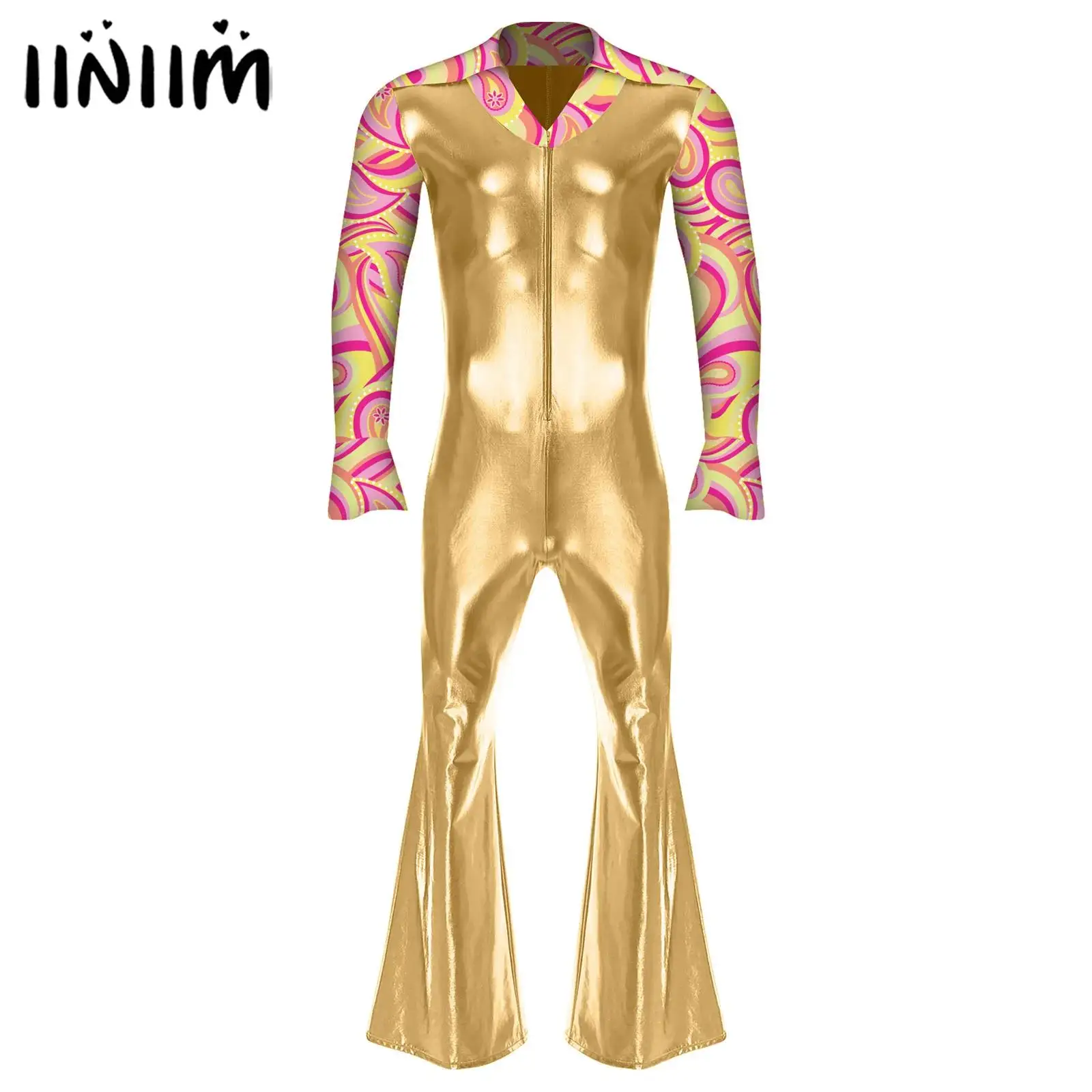 Mens 80s Disco Hippie Jazz Dance Performance Costumes Rompers Flare Long Sleeve with Split Cuffs Bell Bottom Pants Jumpsuit