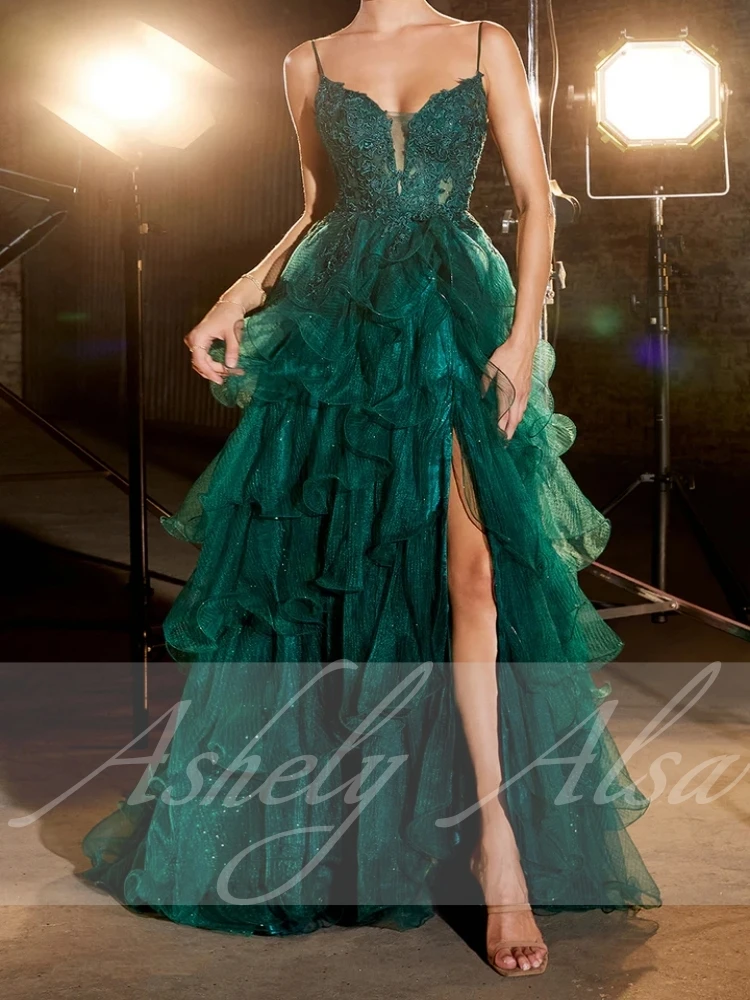 Customized Green Prom Occasion Dress V Neck Lace Applique Front Slit Tiered Skirt Women Formal Evening Dress Wedding Party Wear