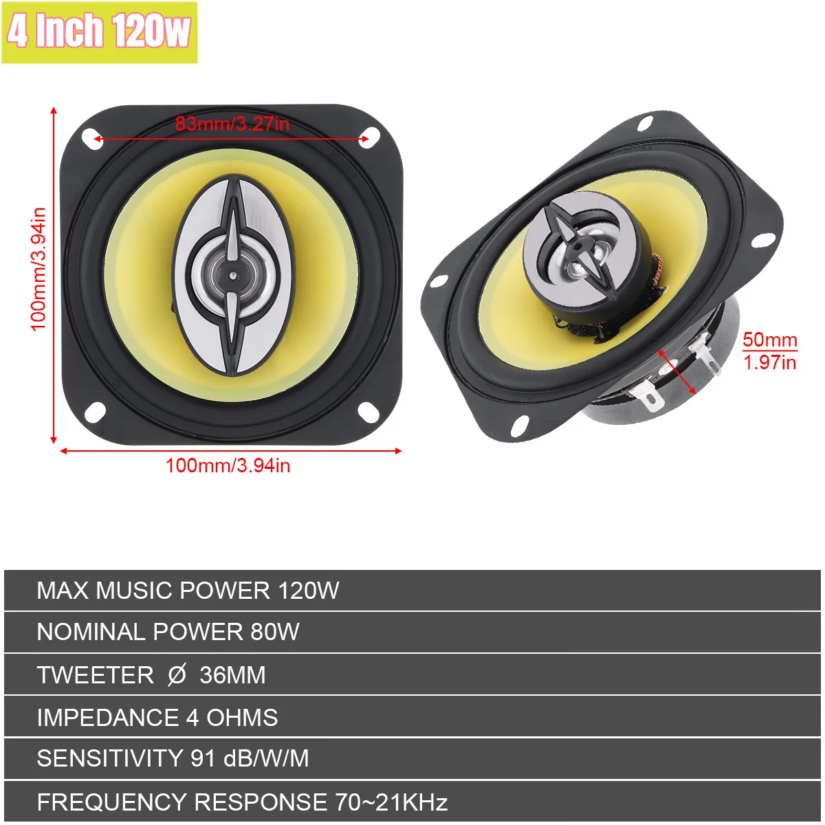 2pcs 2 Way 4 Inch/5Inch 120W /150W Car Coaxial Speakers Door Auto Audio Stereo Full Range Frequency HiFi Automotive Loudspeakers