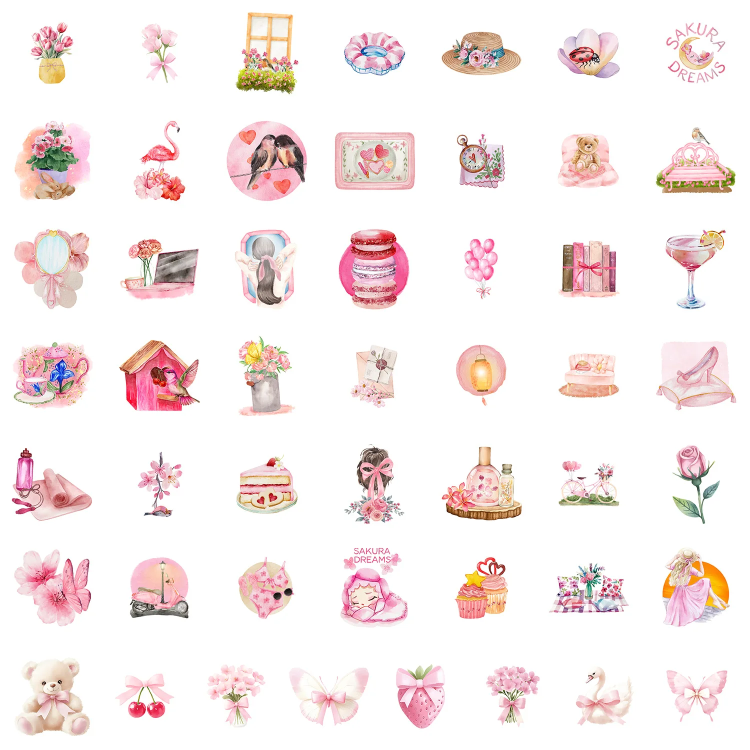 50 個水彩ピンク装飾ステッカー INS スタイル落書きおもちゃ女の子ギフト DIY デカールラップトップギター車バイク漫画ステッカー