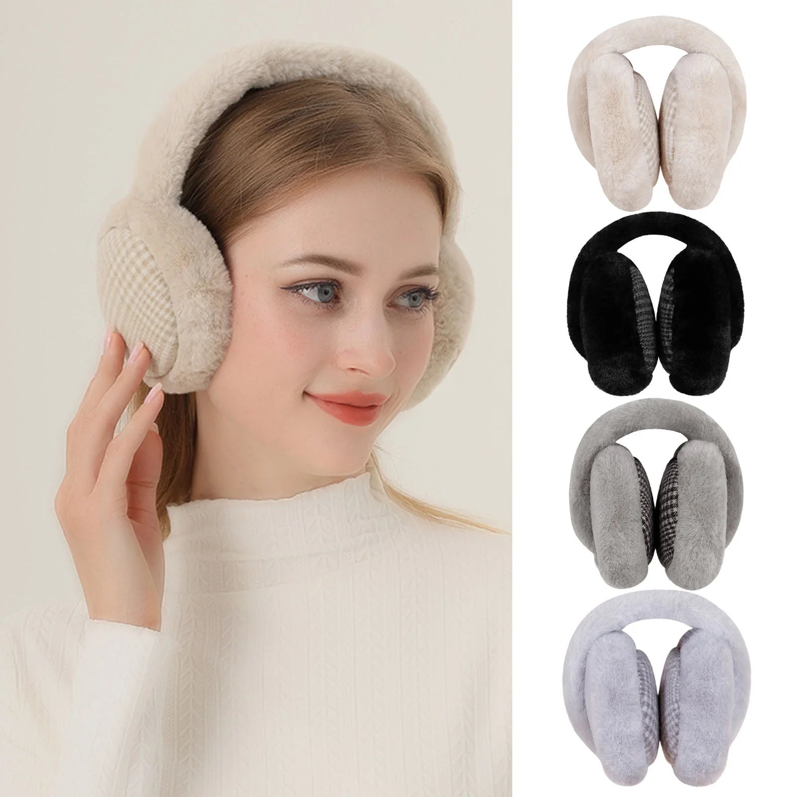 Unisex Plaid Folding Ear Cover Autumn Winter Warm Earmuffs Plush Knitted Earmuff Ear Warmer orejeras de invierno