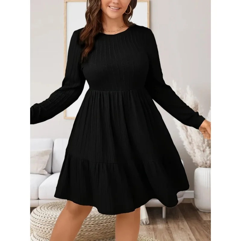 

Plus Size New Fashion Women's Knit Ruffle Hem Dress Comfortable Long Sleeved Ankle Length Dress