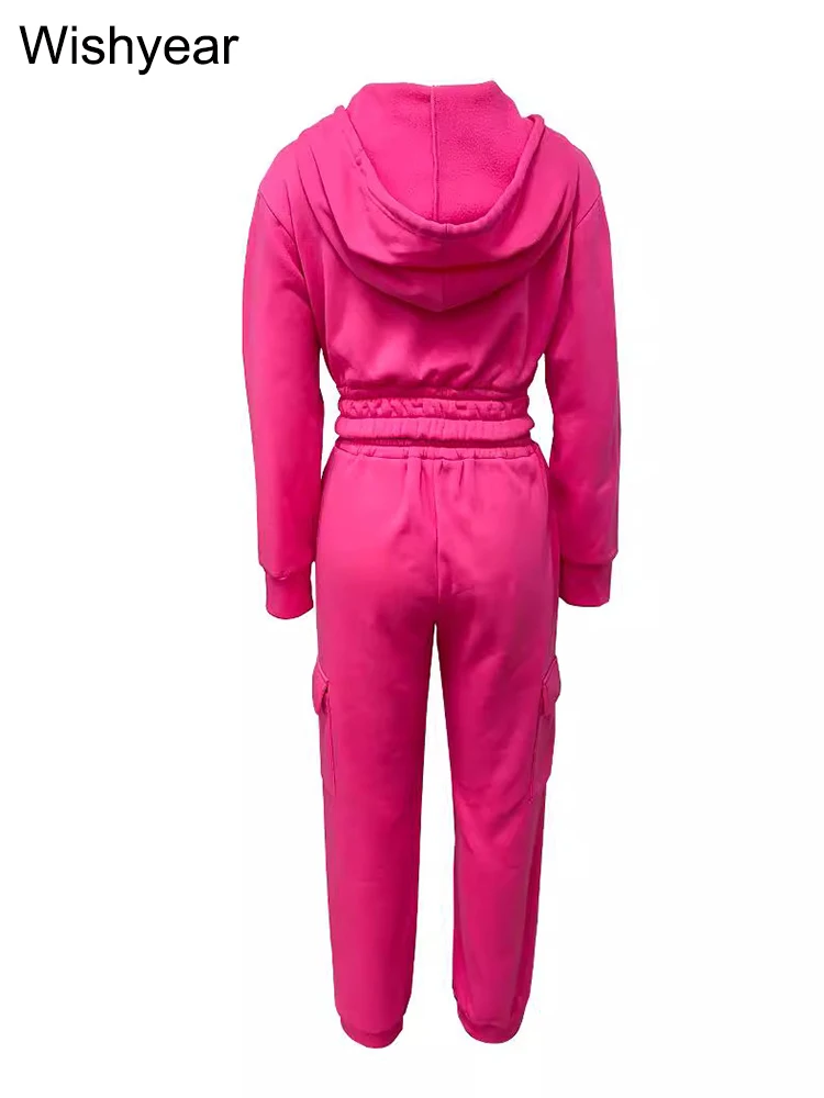 Casual Women\'s Pant Set Long Sleeve Zipper Hoodies Jacket Crop Tops and Jogger Cargo Pants Two 2 Piece Outfit Tracksuit Clothing