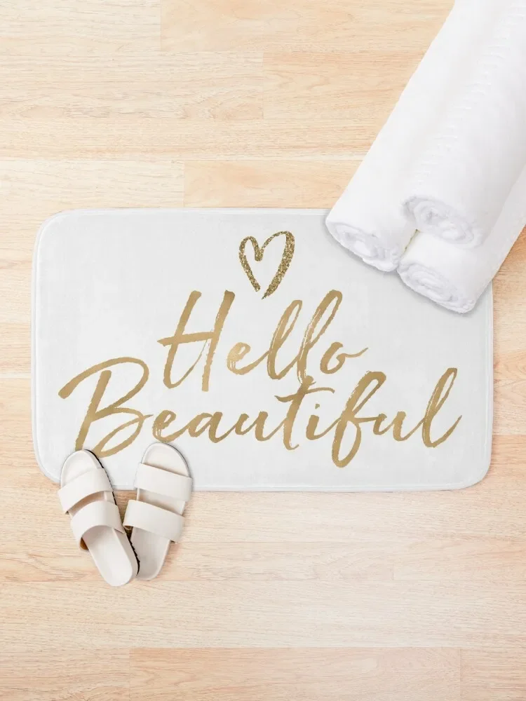 Gold Girly Glam Glitter Heart Hello Beautiful Bath Mat Washable Non-Slip Kitchen Rug Waterproof Bathroom Rugs Mat