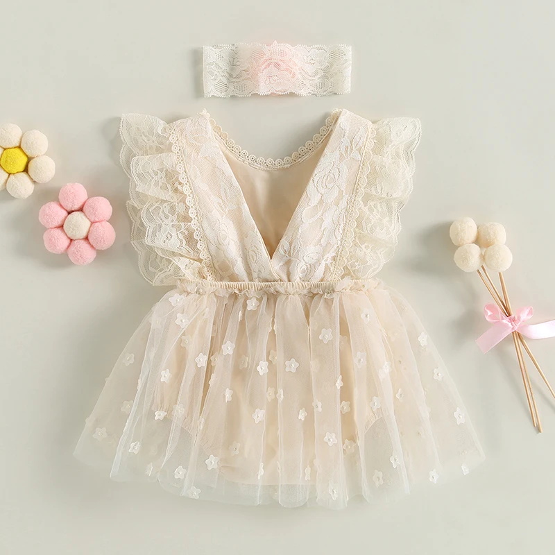 

2Pcs Summer Outfits Toddler Baby's Clothes Girl Sleeveless Backless Lace Romper Dress with Headband Children's Clothing Set