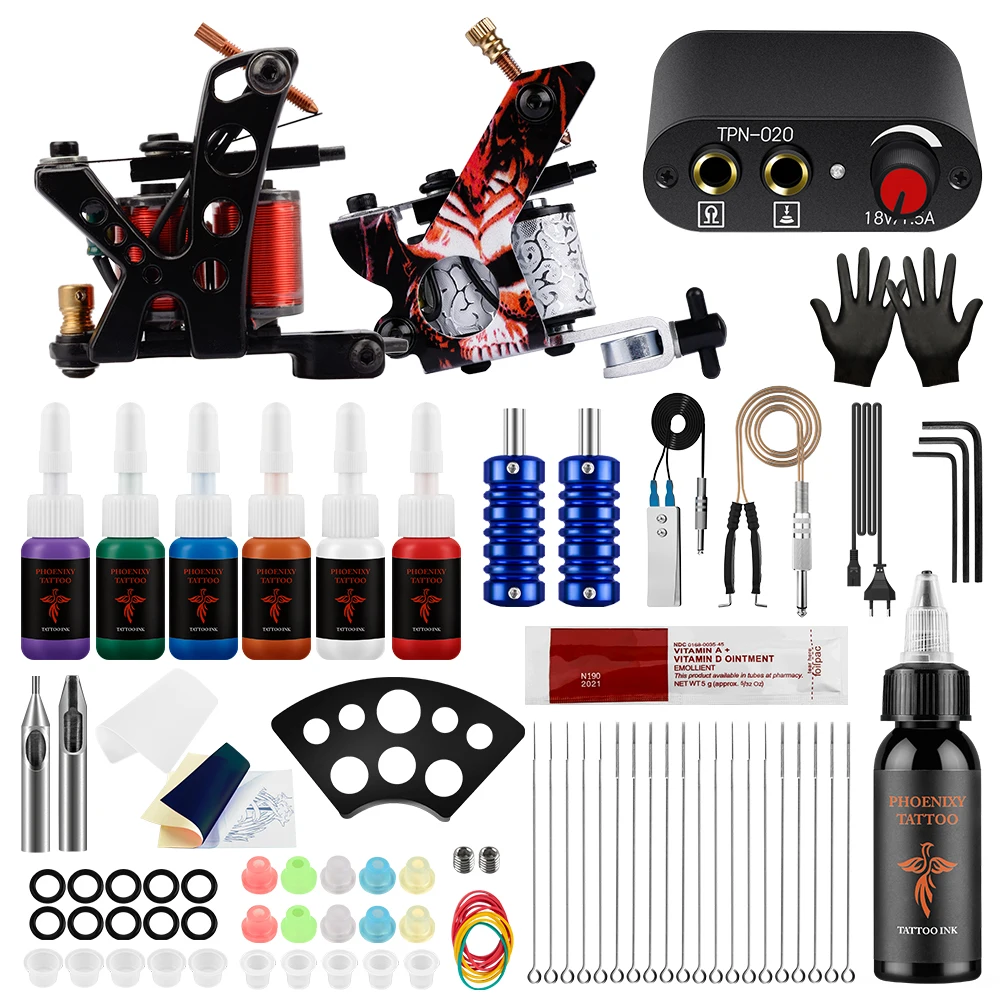 Complete Tattoo Machine Kit Two Coil Tattoo Machine Gun with Power Supply 7pcs Tattoo Ink Pigment Needles Tattoo Body Art Set