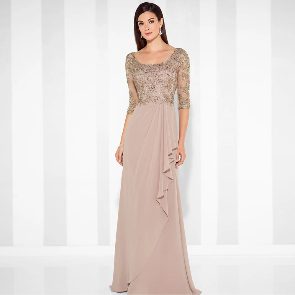 A-Line Chiffon Mutter der Braut Kleider Halbarm Falten Bodenlangen Scoop Spitze Appliques frauen Kleid für Hochzeit gast