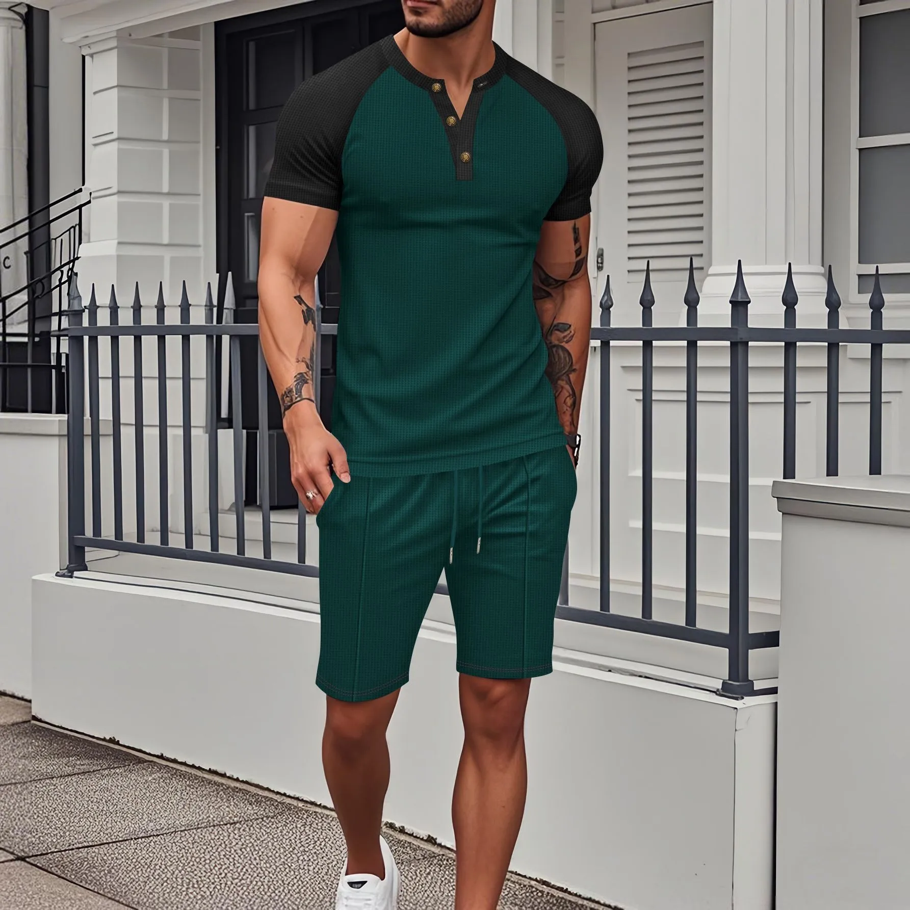 2025 summer new men's waffle lattice thin round neck with shoulder short sleeve top drawstring shorts two sets