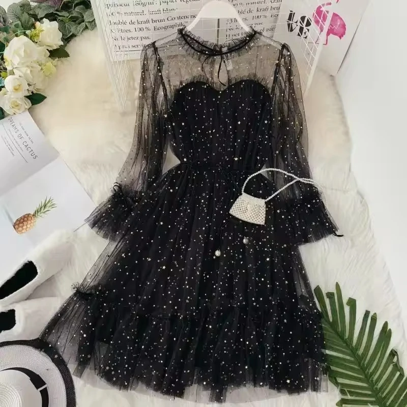 Women Dress Star Shiny Sequin Star Flare Sleeve Lace Up Priceess Korean Fashion Solid Color Elegant Mesh Lace Summer Clothing