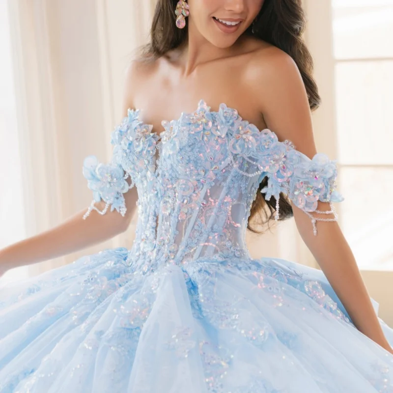 

Shiny Aqua Blue Quinceanera Dress off-shoulder Glitter Flower Decal Long tail Bow crystal Vestidos De 15 Quinceanera ﻿Customize