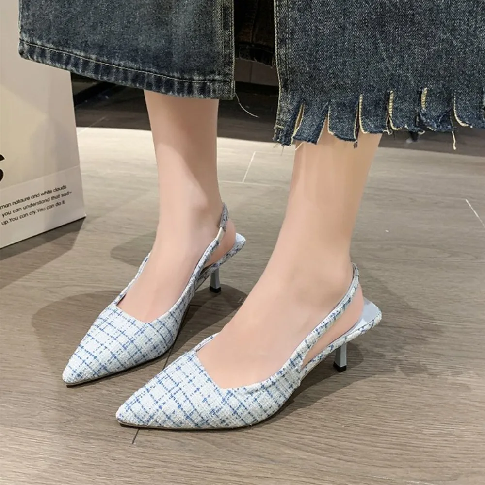 Elegant Office Ladies Slingback Stiletto Shoes Summer Backless Pointed Toe Thin Heels Light Blue Checkered High Heeled Sandals view 4